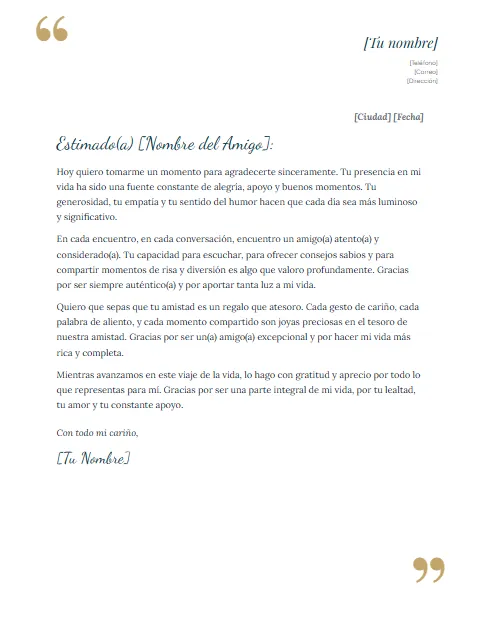 Carta de Agradecimiento a un Amigo: diseño Comillas