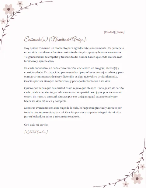 Carta de Agradecimiento a un Amigo: diseño Floral