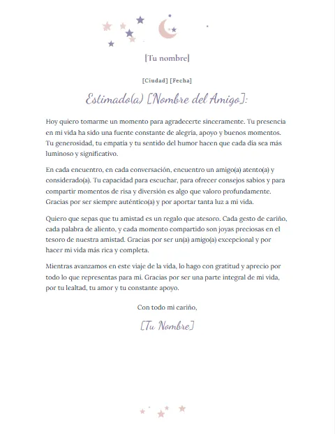 Carta de Agradecimiento a un Amigo: diseño Luna y estrellas