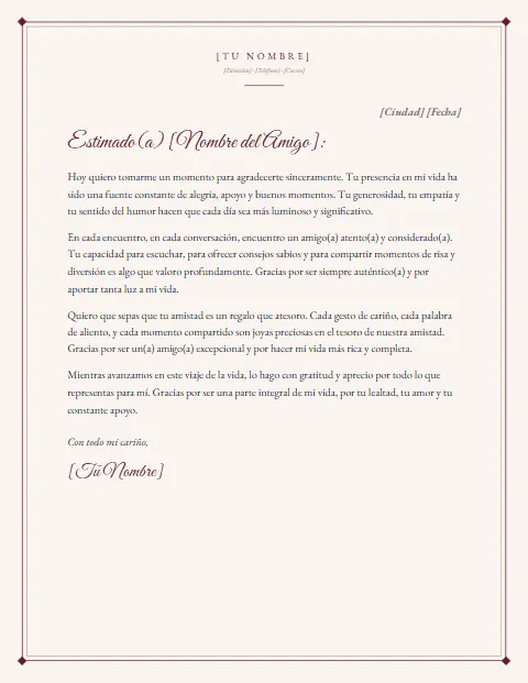 Carta de Agradecimiento a un Amigo: diseño Papel crema