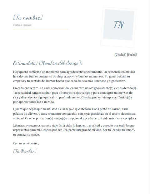 Carta de agradecimiento a un amigo para descargar en Word