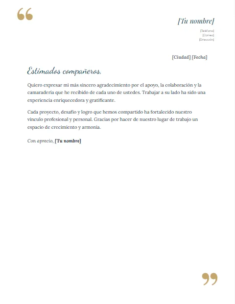 Formato de Carta de agradecimiento a compañeros de trabajo
