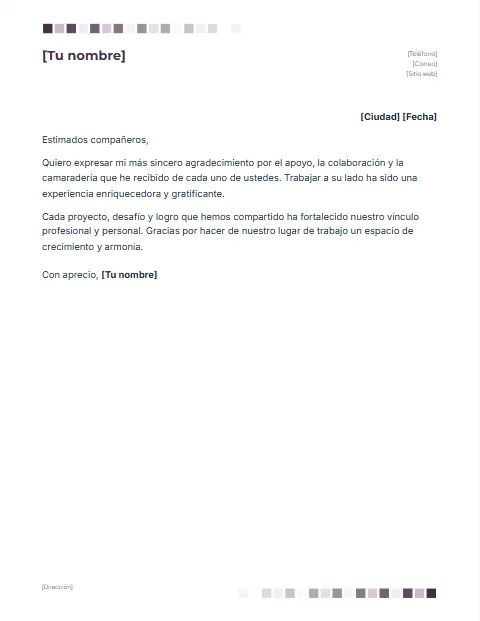 Carta de Agradecimiento a Compañeros de Trabajo: diseño Cuadros