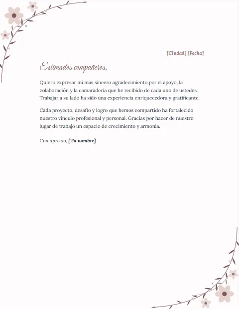 Carta de Agradecimiento a Compañeros de Trabajo: diseño Floral