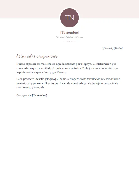 Carta de Agradecimiento a Compañeros de Trabajo: diseño Foto al centro