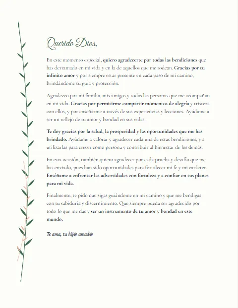 Carta de Agradecimiento a Dios: diseño Botánico