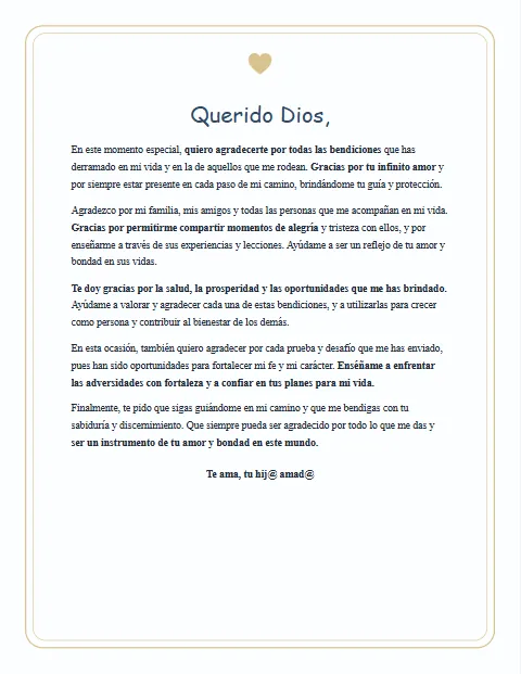 Carta de Agradecimiento a Dios: diseño Cariño