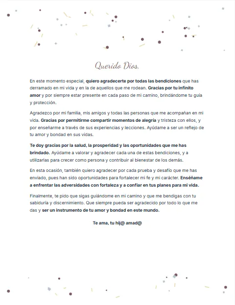 Carta de Agradecimiento a Dios: diseño Celebración