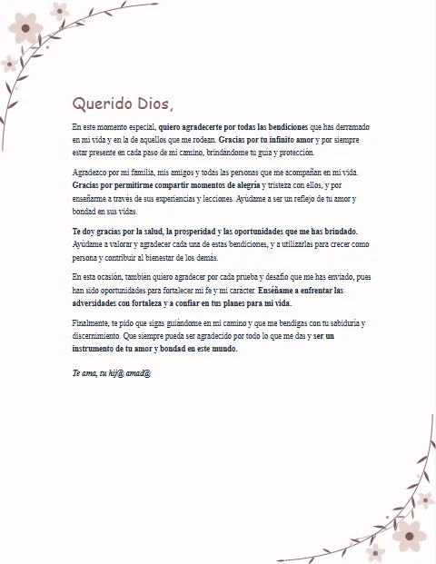 Carta de Agradecimiento a Dios: diseño Floral