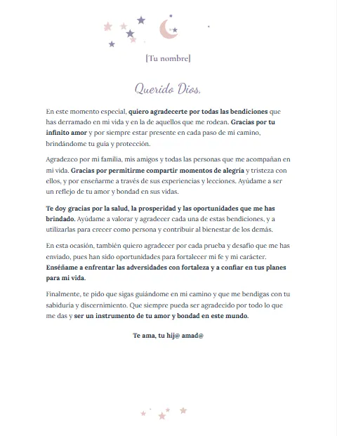 Carta de Agradecimiento a Dios: diseño Luna y estrellas