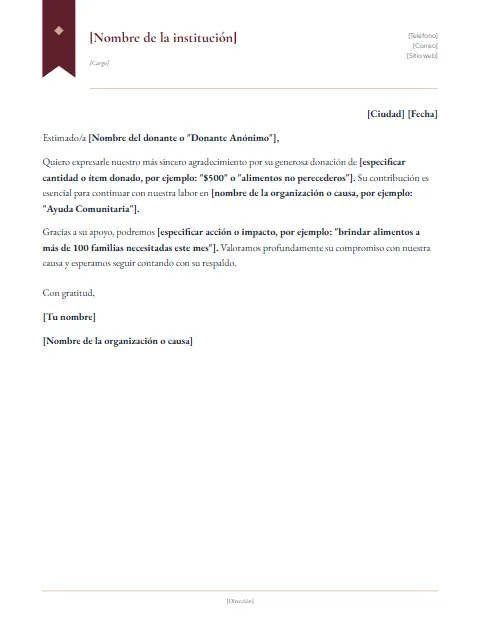 Carta de Agradecimiento por Donación: diseño Cinta marcador