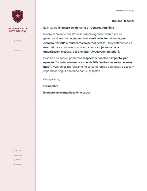 Carta de Agradecimiento por Donación: diseño Columna institucional