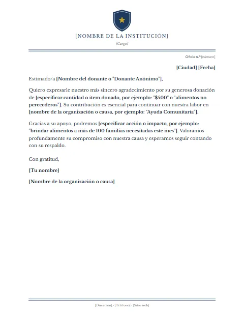 Carta de Agradecimiento por Donación: diseño Escudo central