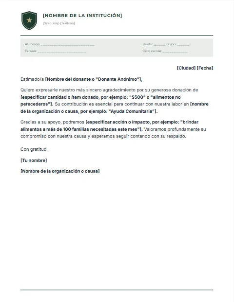 Carta de Agradecimiento por Donación: diseño Escudo escolar