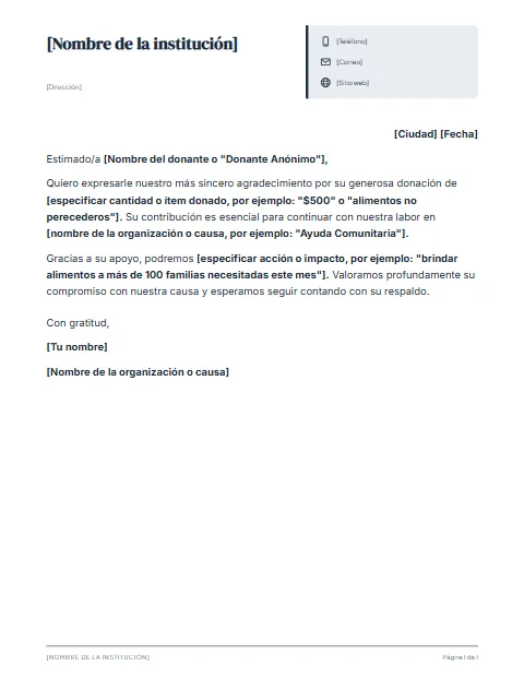 Carta de Agradecimiento por Donación: diseño Ficha de datos