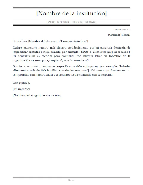 Carta de Agradecimiento por Donación: diseño Gaceta