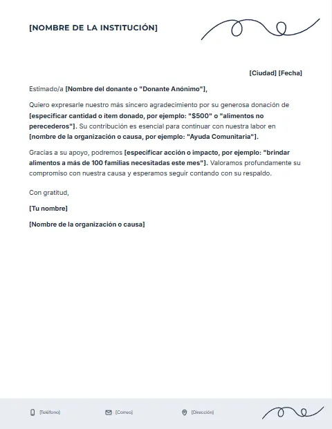 Carta de Agradecimiento por Donación: diseño Trazo libre