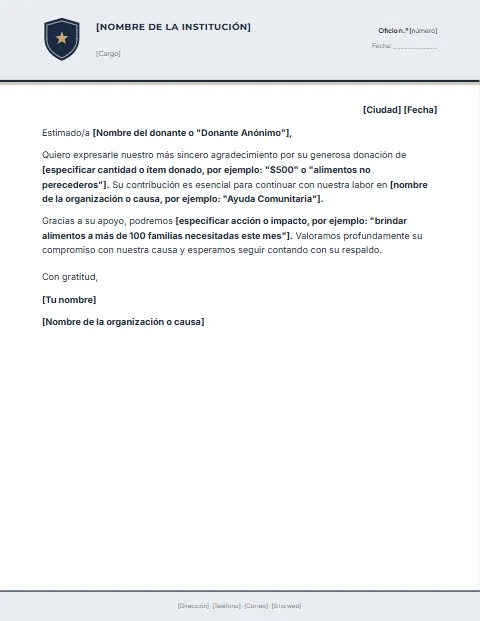 Formato de carta de agradecimiento por donación para descargar en Word
