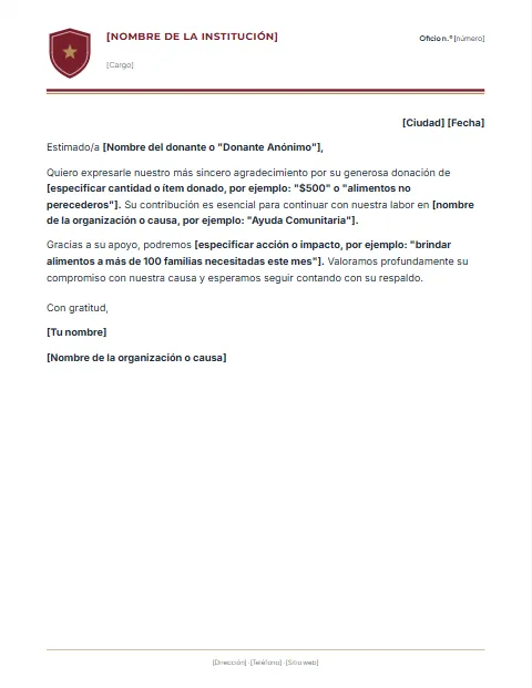 Carta de Agradecimiento por Donación: diseño Oficio