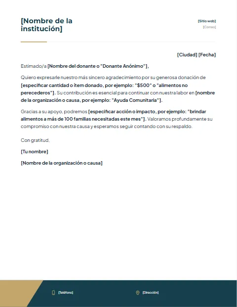 Carta de Agradecimiento por Donación: diseño Pie corporativo