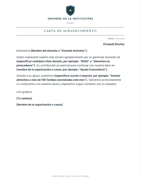 Carta de Agradecimiento por Donación: diseño Título en recuadro