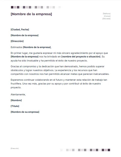 Carta de Agradecimiento a una Empresa: diseño Cuadros