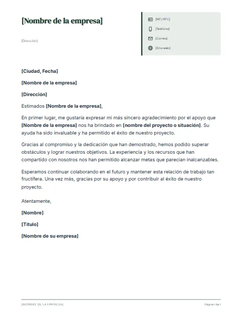 Carta de Agradecimiento a una Empresa: diseño Ficha de datos