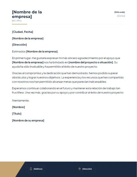 Formato de carta de agradecimiento a una empresa para descargar en Word
