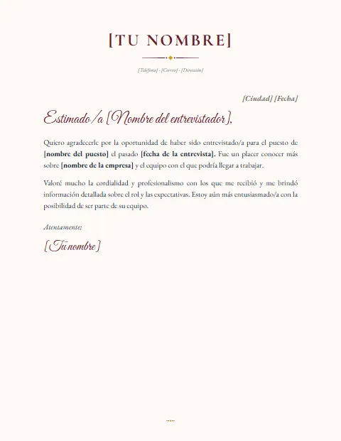 Carta de Agradecimiento por una Entrevista: diseño Elegante