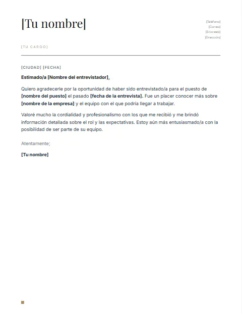 Formato de carta de agradecimiento por una entrevista para descargar en Word