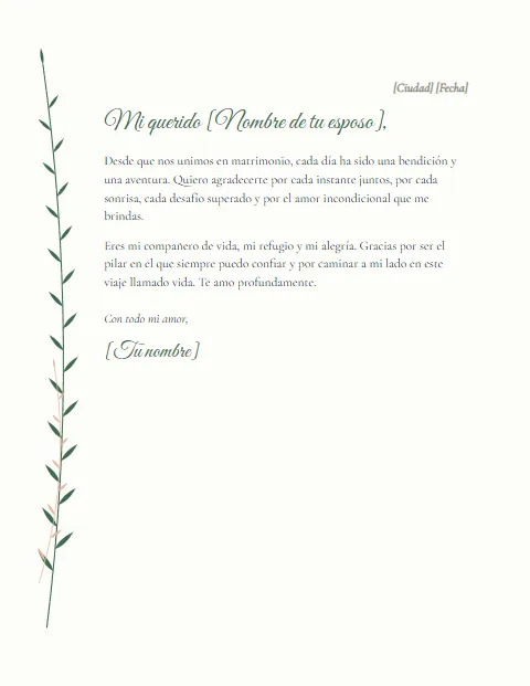 Carta de Agradecimiento a mi Esposo: diseño Botánico