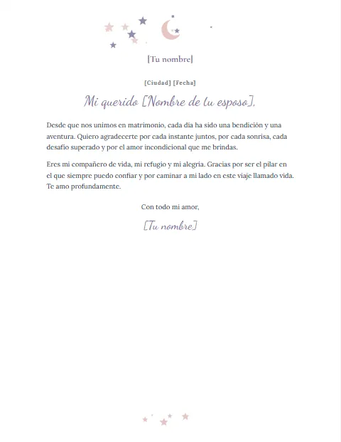 Carta de Agradecimiento a mi Esposo: diseño Luna y estrellas