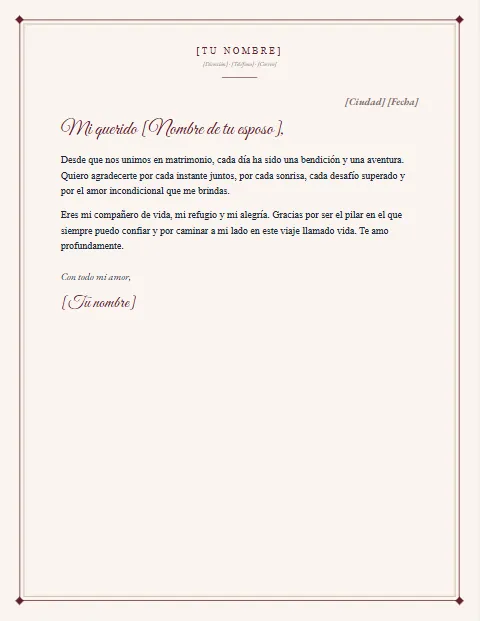 Carta de Agradecimiento a mi Esposo: diseño Papel crema