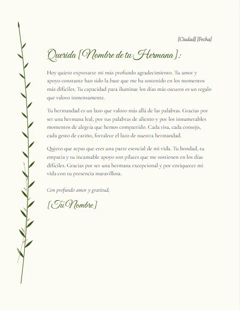Carta de Agradecimiento para mi Hermana: diseño Botánico