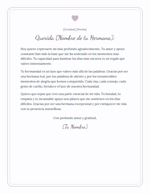 Carta de Agradecimiento para mi Hermana: diseño Cariño