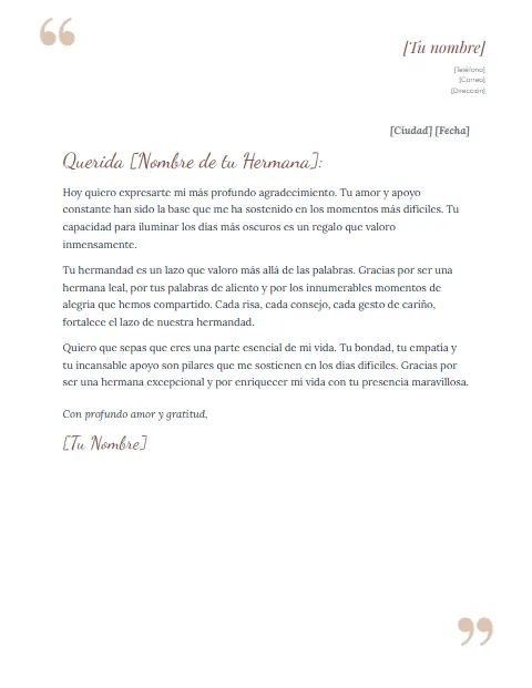 Carta de Agradecimiento para mi Hermana: diseño Comillas
