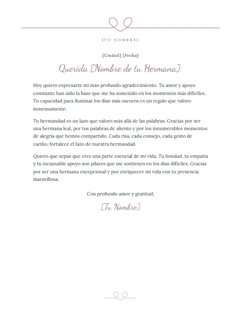 Carta de Agradecimiento para mi Hermana: diseño Corazón de una línea