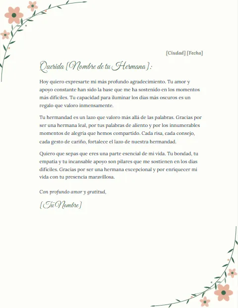 Formato de carta de agradecimiento para mi hermana para descargar en Word