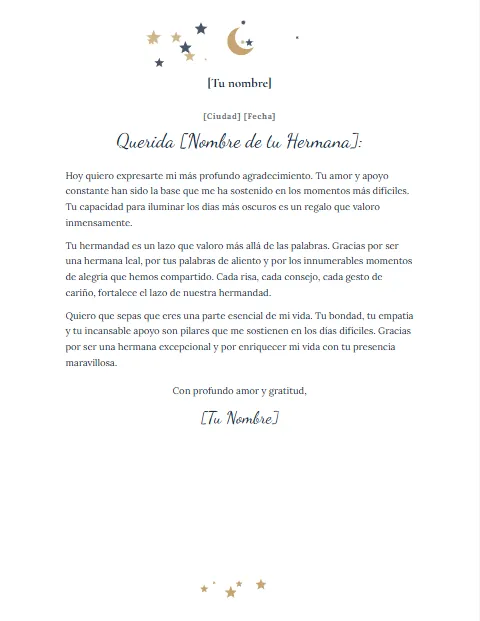 Carta de Agradecimiento para mi Hermana: diseño Luna y estrellas