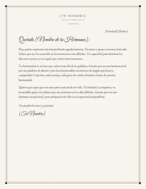 Carta de Agradecimiento para mi Hermana: diseño Papel crema