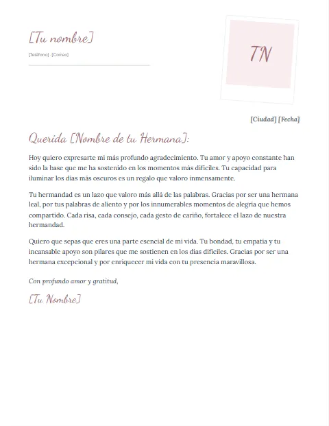 Carta de Agradecimiento para mi Hermana: diseño Polaroid