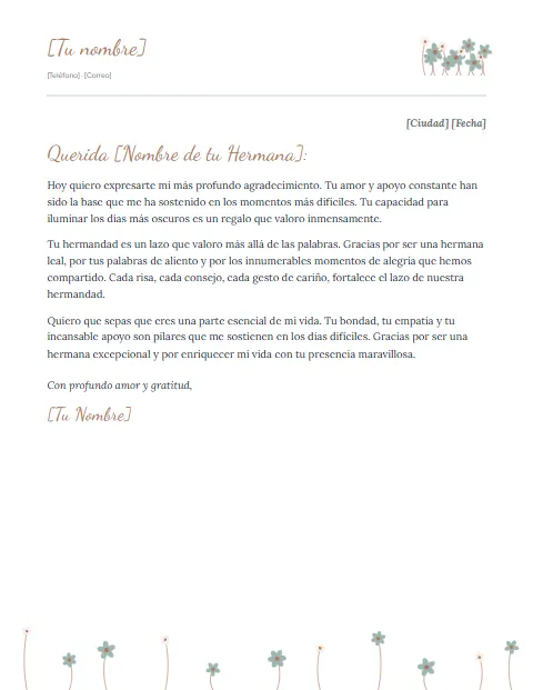 Carta de Agradecimiento para mi Hermana: diseño Pradera