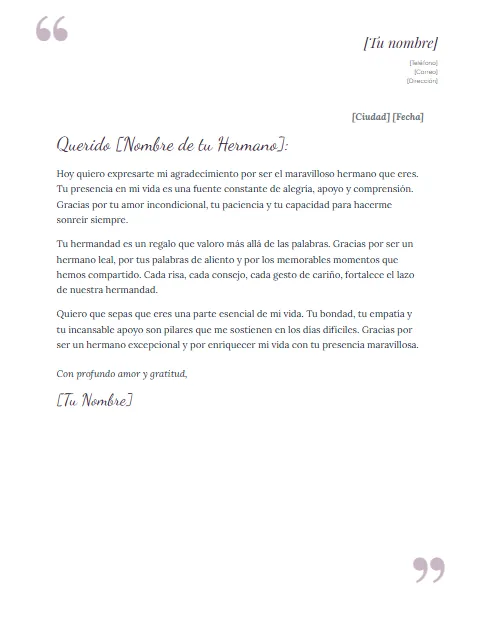 Carta de Agradecimiento a un Hermano: diseño Comillas