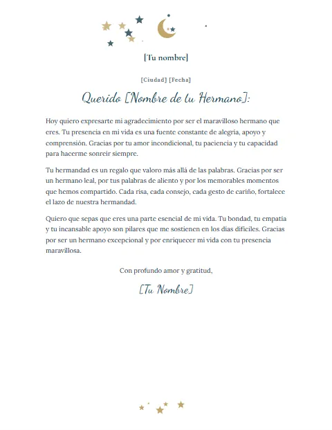 Carta de Agradecimiento a un Hermano: diseño Luna y estrellas