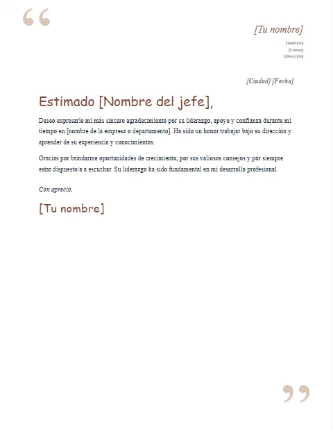 Carta de Agradecimiento a un Jefe: diseño Comillas