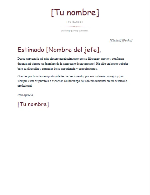 Carta de agradecimiento a un jefe