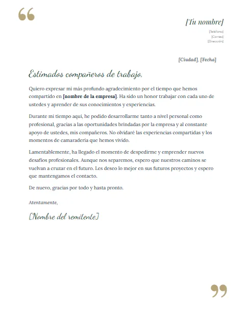 Carta de Agradecimiento Laboral: diseño Comillas