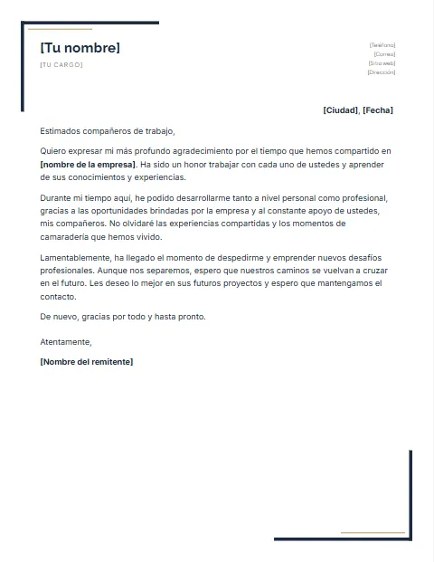 Formato de carta de agradecimiento laboral