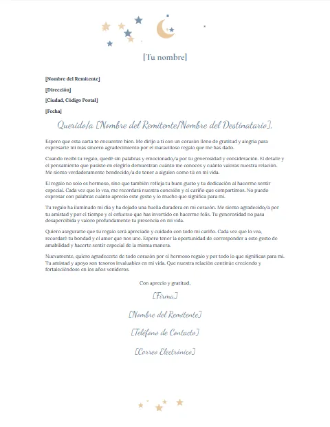 Formato de Carta de Agradecimiento: diseño Luna y estrellas