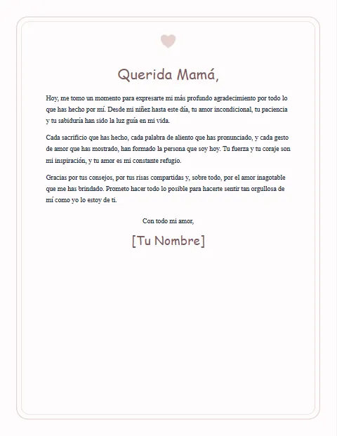 Formato de Carta de Agradecimiento para una Madre para descargar en Word